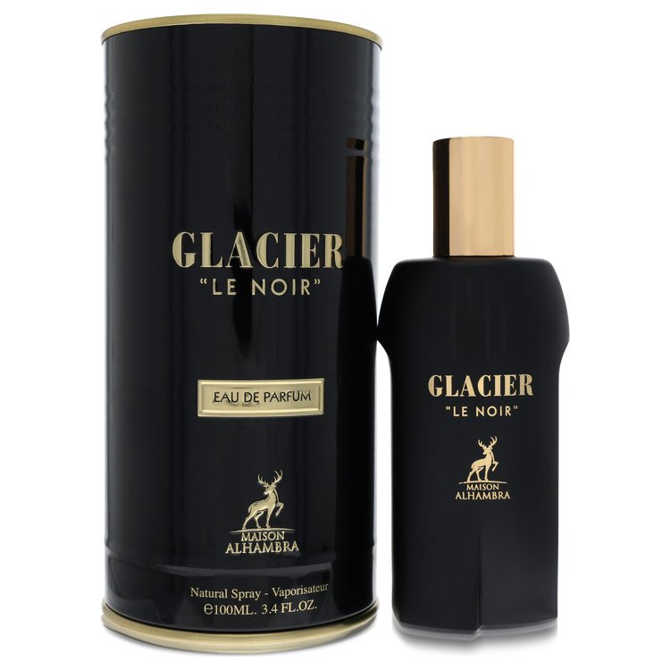 Black 'Glacier Le Noir' perfume bottle and packaging on a white background