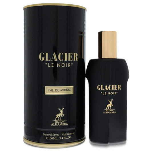 Black 'Glacier Le Noir' perfume bottle and packaging on a white background
