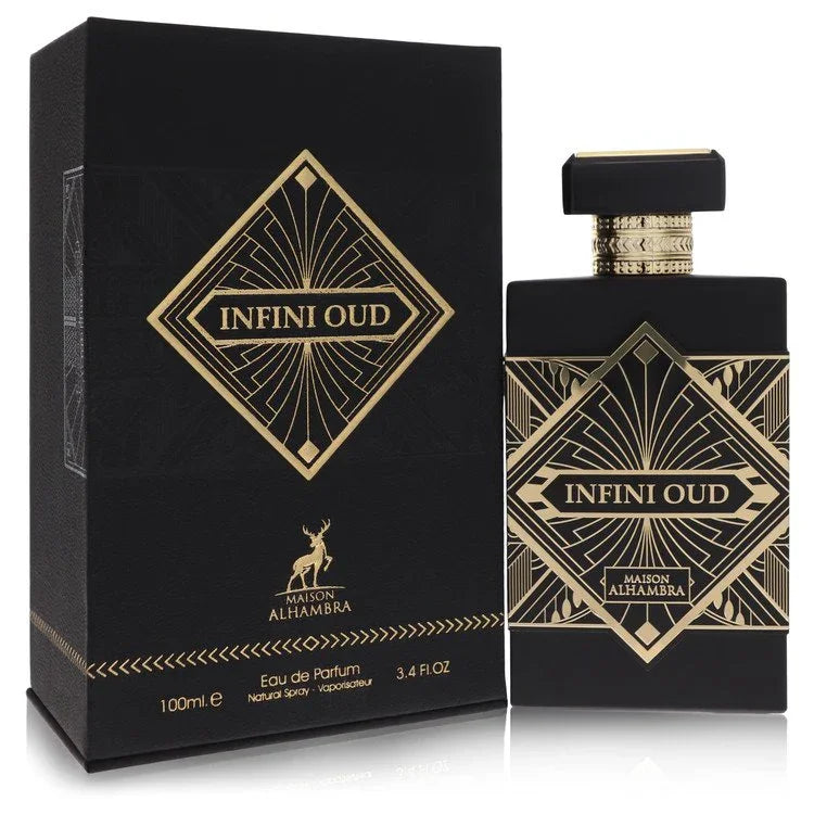 Infini Oud perfume bottle and packaging with gold accents on a white background