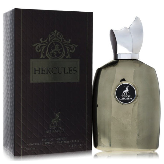 Maison Alhambra Hercules Cologne bottle, woody spicy tobacco fragrance with cinnamon, pepper, tobacco leaf, incense, labdanum, osmanthus, vanilla, musk, cedar, and vetiver