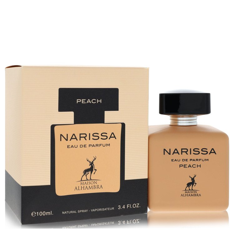 
Maison Alhambra Narissa Peach Perfume bottle in peach-toned glass with black cap and feminine fruity floral styling