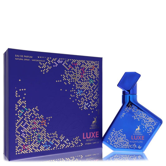 Blue perfume bottle and packaging with 'Luxe Nightlife' branding on a white background