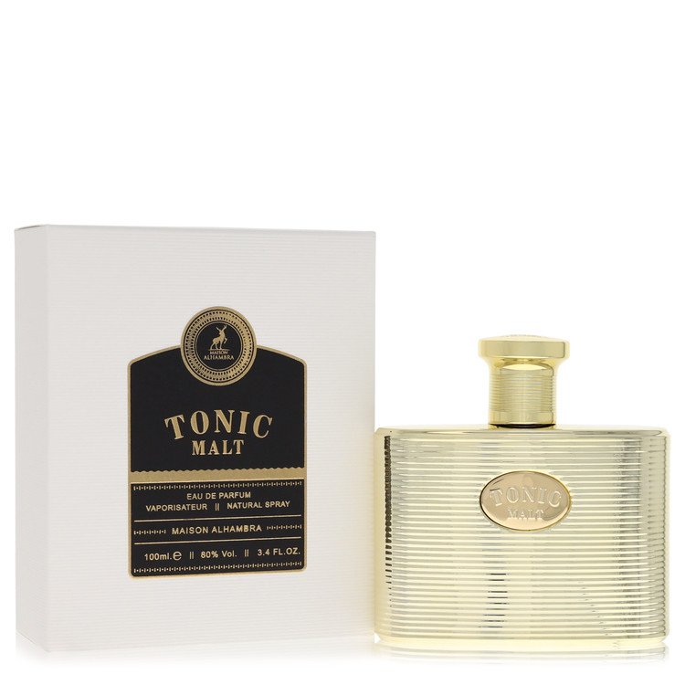 Maison Alhambra Tonic Malt cologne bottle for men — Bold woody amber aromatic fragrance with bright citrus, tonic freshness, malt accord, warm spices, amber, and woods
