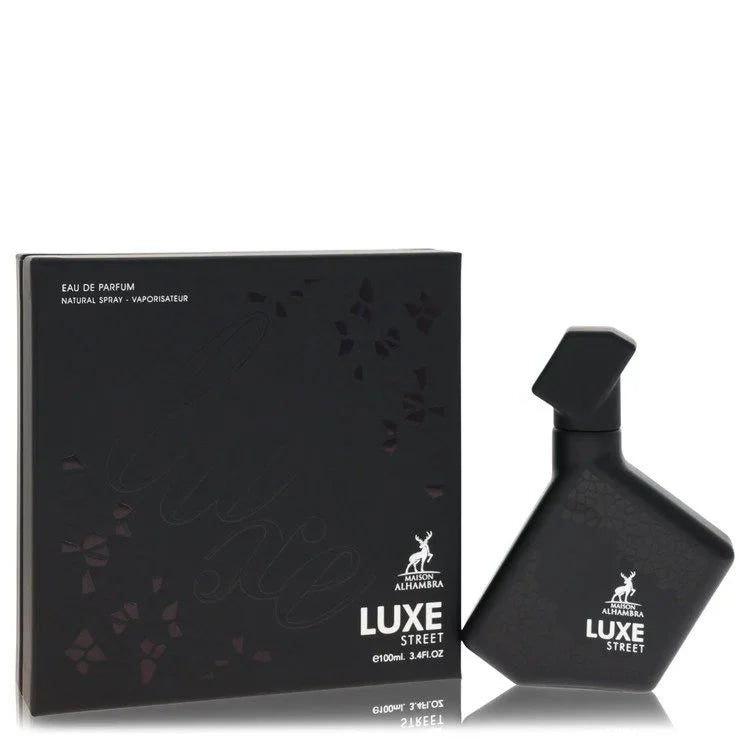 Maison Alhambra Luxe Street cologne bottle — Urban amber woody fragrance with citrus accords, spicy notes, amber, aromatic herbs, woody notes, and musk