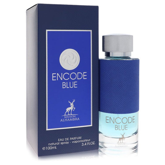 Blue Encode perfume bottle and packaging on a white background