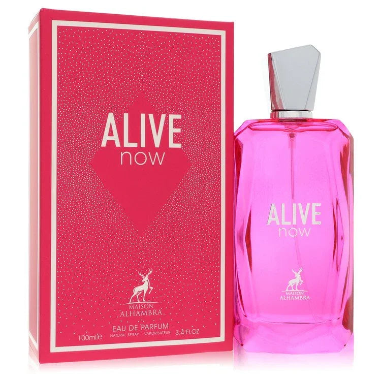 Pink 'Alive now' perfume bottle and packaging on a white background
