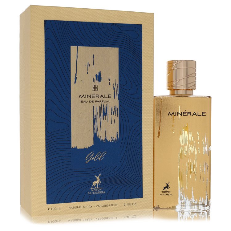 Maison Alhambra Minerale Gold Perfume bottle — unisex Eau de Parfum with saffron, Italian mandarin, osmanthus, violet leaf, mineral notes, suede, akigalawood, musk, cedar, and patchouli.