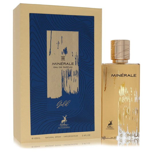 Maison Alhambra Minerale Gold Perfume bottle — unisex Eau de Parfum with saffron, Italian mandarin, osmanthus, violet leaf, mineral notes, suede, akigalawood, musk, cedar, and patchouli.