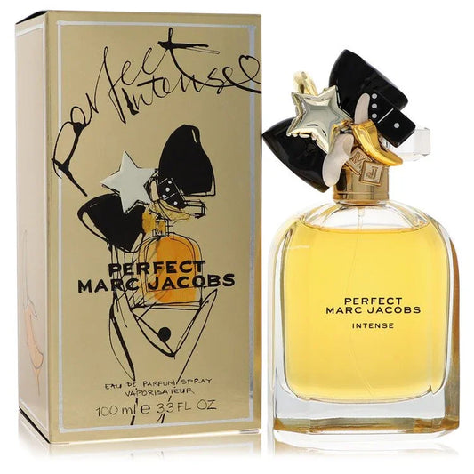 Marc Jacobs Perfect Intense perfume bottle and packaging on a white background