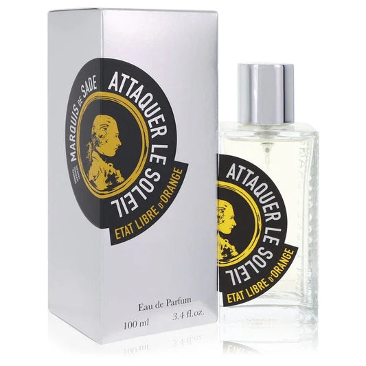 Perfume bottle and packaging of Attaquer Le Soleil by Etat Libre d'Orange on a white background