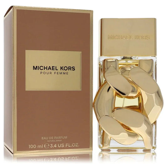 Gold Michael Kors perfume bottle and packaging on a white background