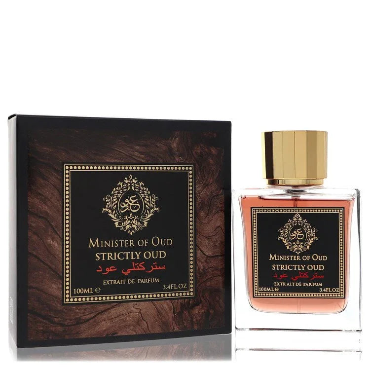 Minister of Oud Strictly Oud perfume bottle and packaging on a white background