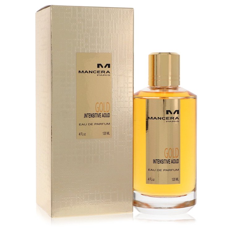 Mancera Gold Intensitive Aoud bottle — oriental woody perfume with lemon, rose, saffron, aoud, and sandalwood notes.