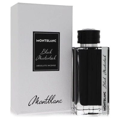 Montblanc Black Meisterstuck Absolute Incense perfume bottle and packaging on a white background