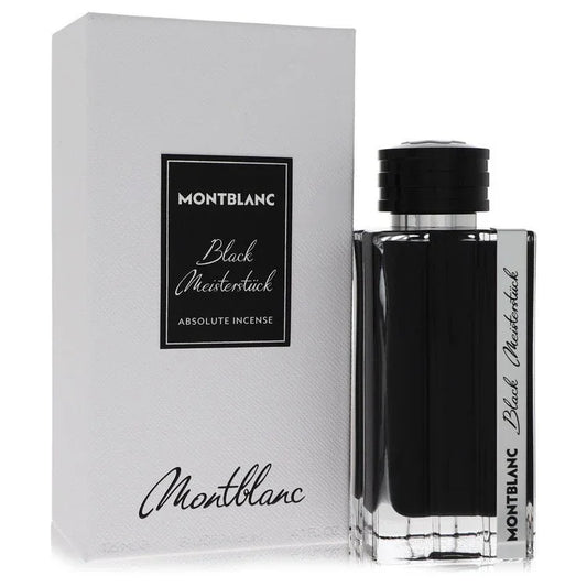 Montblanc Black Meisterstuck Absolute Incense perfume bottle and packaging on a white background