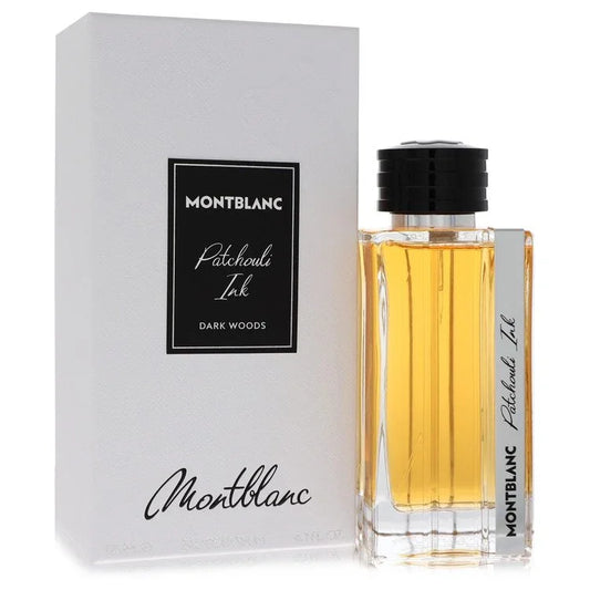 Montblanc Patchouli Ink Dark Woods perfume bottle and packaging on a white background