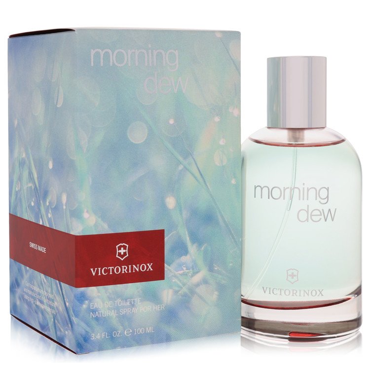 Swiss Army Morning Dew perfume bottle by Victorinox — invigorating floral fresh fragrance for women with pink pepper, citruses, water notes, mountain air, edelweiss, white violet, musk, cedar, and amber notes