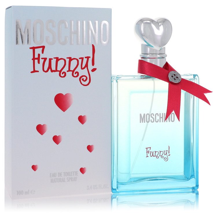 Moschino Funny! perfume bottle with packaging featuring hearts on a white background