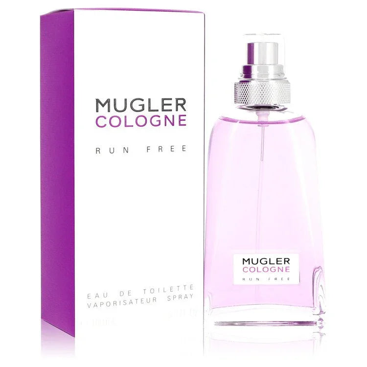 Mugler Cologne Run Free perfume bottle and packaging on a white background