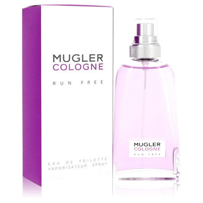 Mugler Cologne Run Free perfume bottle and packaging on a white background