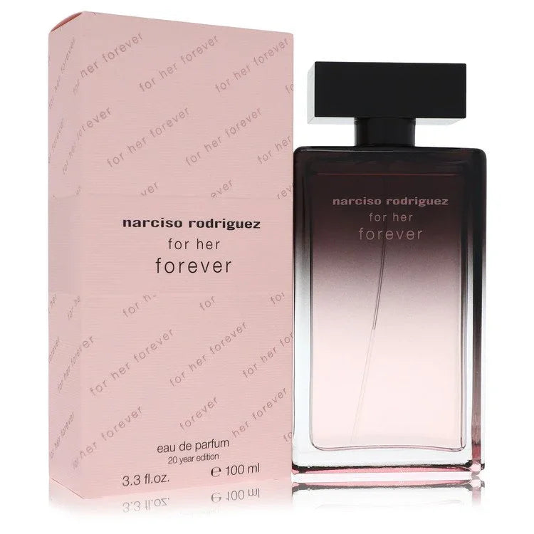 Narciso Rodriguez For Her Forever Eau de Parfum bottle in black-to-pink ombré glass — floral woody musk fragrance with frangipani, jasmine, and gardenia.