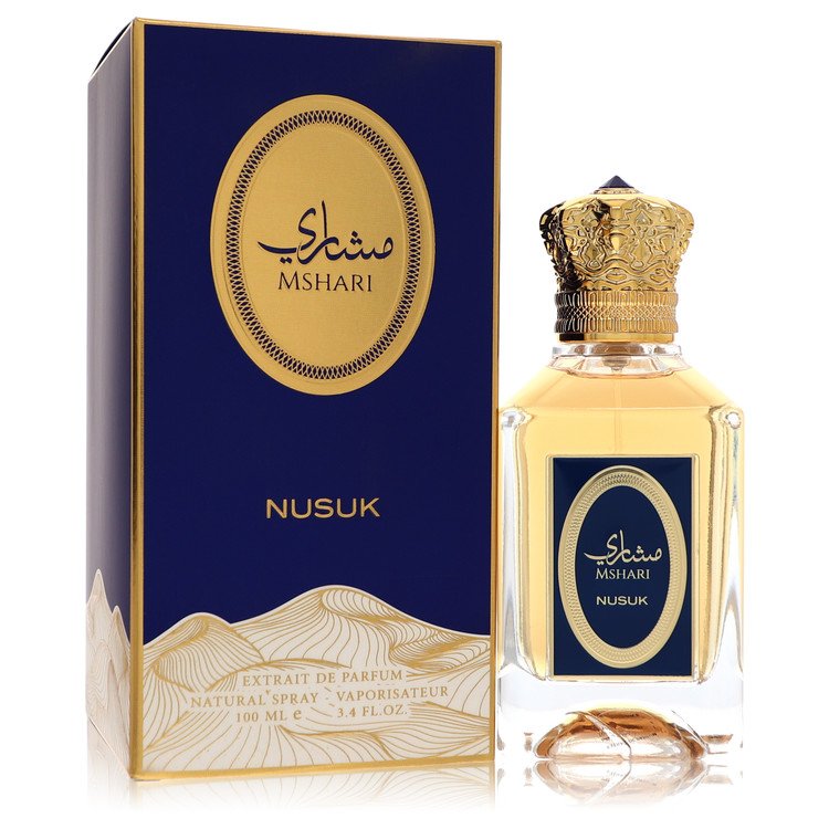 Nusuk Mshari Eau de Parfum bottle - Oriental woody spicy fragrance with orange, saffron, cypress, jasmine, nutmeg, leather, sandalwood, musk, and cedar