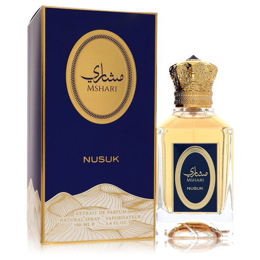Nusuk Mshari Eau de Parfum bottle - Oriental woody spicy fragrance with orange, saffron, cypress, jasmine, nutmeg, leather, sandalwood, musk, and cedar