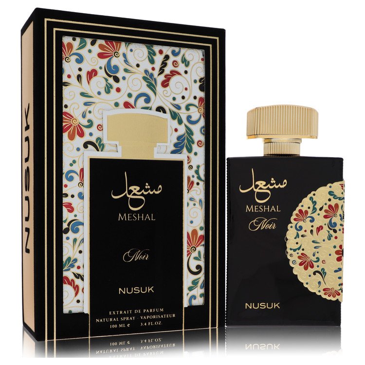 Nusuk Meshal Noir Eau de Parfum bottle - Woody spicy fragrance with citrus, spicy accords, floral notes, wooden notes, and musk