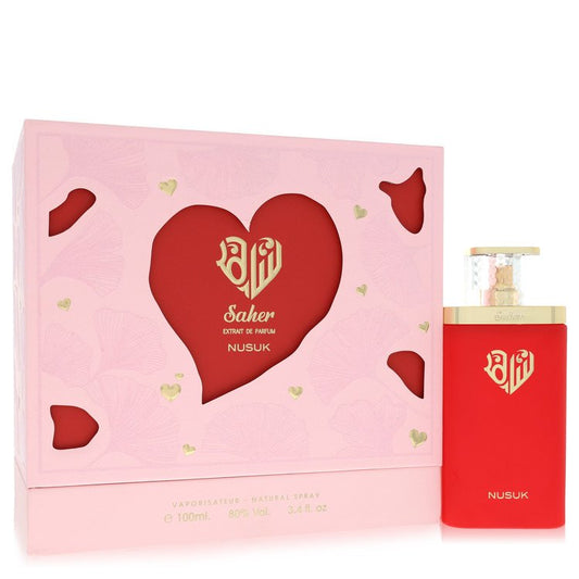 Nusuk Saher Perfume for Women red bottle with apple, cassis, suede, jasmine, rose, vanilla, peach, white musk and ambergris
