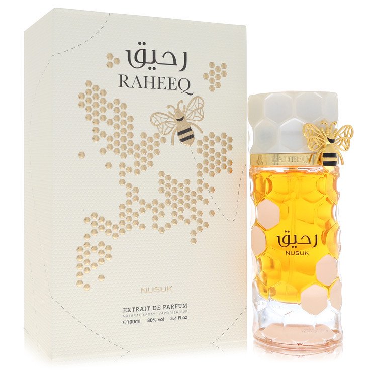 Raheeq Nusuk perfume bottle and packaging with honeycomb design and bee symbol.