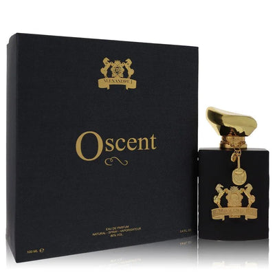 Black and gold Oscent perfume bottle and packaging on a white background