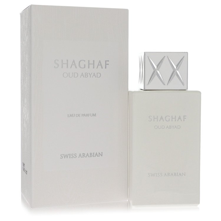 Shaghaf Oud Abyad perfume bottle and packaging on a white background