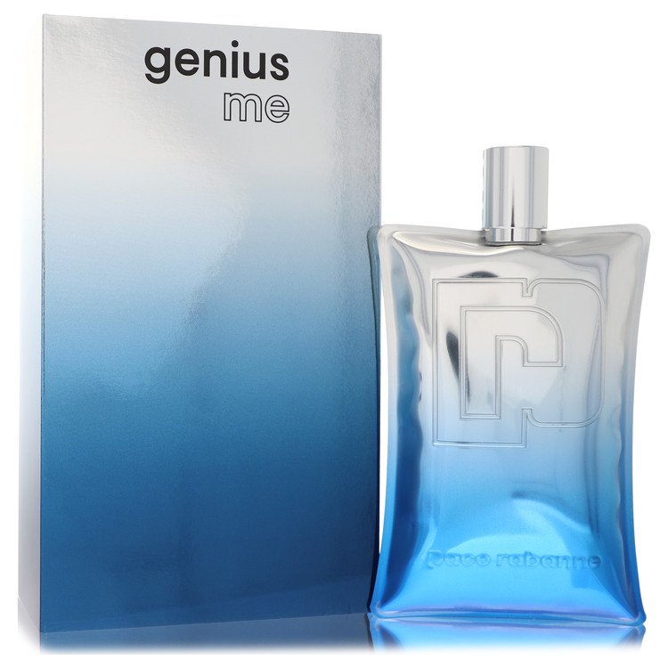 Paco Rabanne Genius Me Cologne flexible metallic blue bottle — futuristic aromatic unisex fragrance with orange peel, cristallfizz, rosemary, moss, and metal notes.