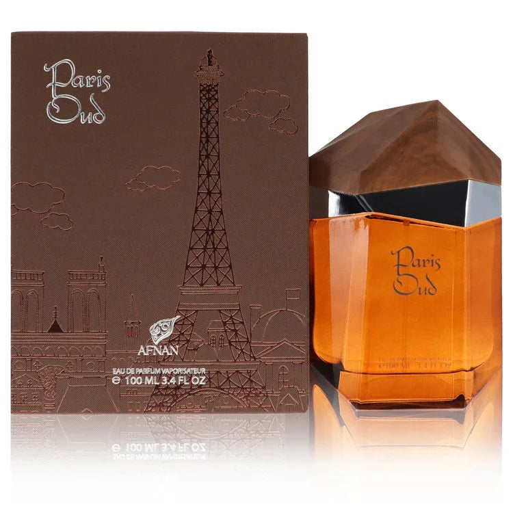 Paris Oud perfume bottle for women and men by Afnan — Oriental woody floral fragrance with bergamot, pink pepper, saffron, rose, geranium, cinnamon, oud, amber, musk, and sandalwood notes