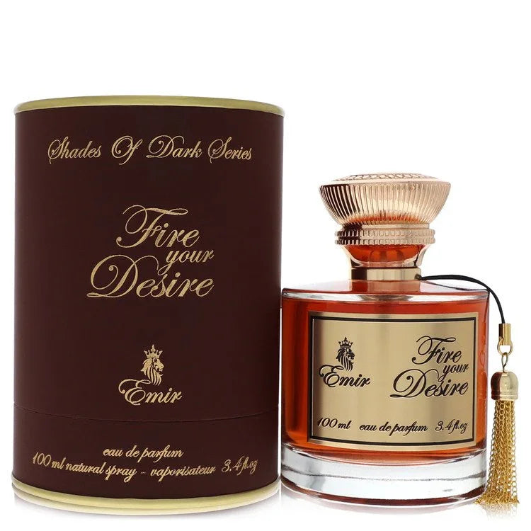 Perfume bottle and packaging of 'Fire your Desire' by Emir on a white background