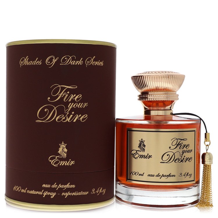 Perfume bottle and packaging of 'Fire your Desire' by Emir on a white background