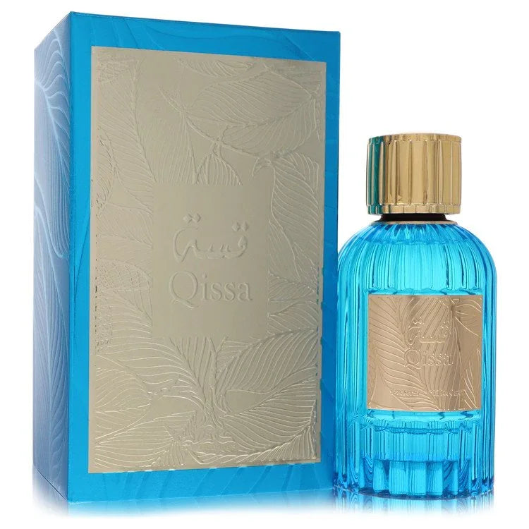 Blue perfume bottle with gold cap and matching box featuring 'Oissa' branding on a white background