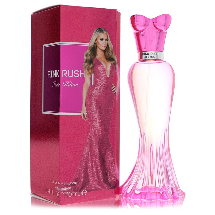 Paris Hilton Pink Rush perfume bottle — fruity floral fragrance for women with bergamot, Asian pear, goji berries, pink peony, Turkish rose, coral hibiscus, amber, cashmere woods, and tonka notes