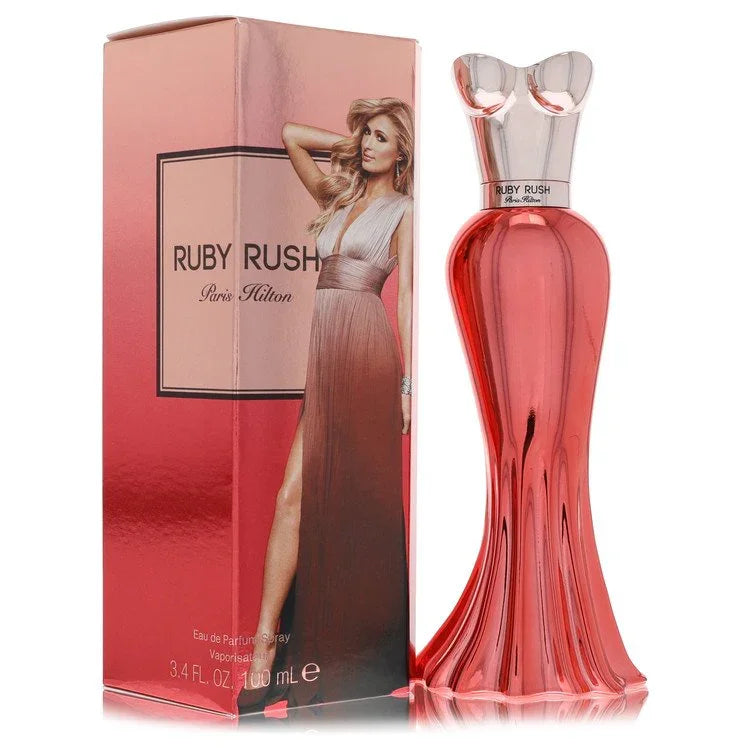 Ruby Rush perfume bottle and packaging with a model on a white background