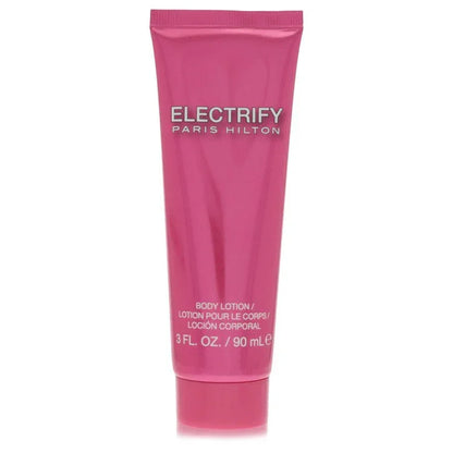 Pink tube of 'Electrify' body lotion by Paris Hilton on a white background