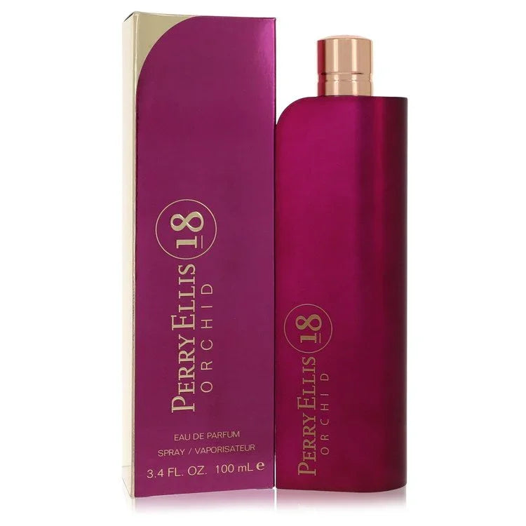 Perry Ellis 18 Orchid perfume bottle and packaging on a white background