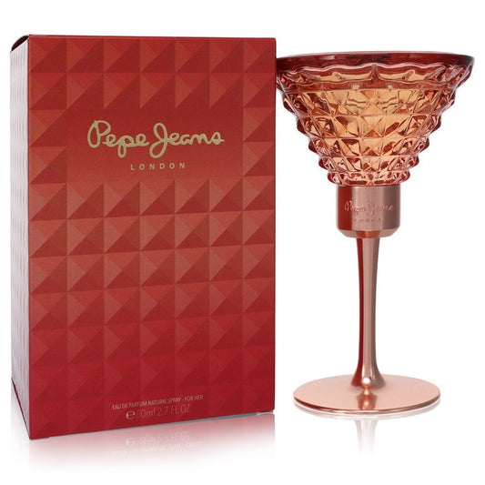Pepe Jeans London perfume box with a pink glass item on a white background