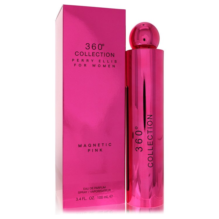 Pink Perry Ellis 360 Collection Magnetic Pink perfume bottle and packaging on a white background