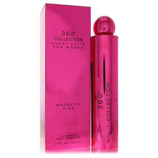 Pink Perry Ellis 360 Collection Magnetic Pink perfume bottle and packaging on a white background