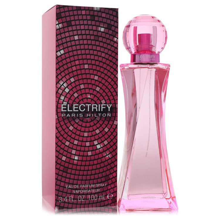 Paris Hilton Electrify Eau de Parfum bottle — amber floral women's perfume with red apple, mandarin, ozonic notes, peony, rose, vanilla absolute, and coconut.