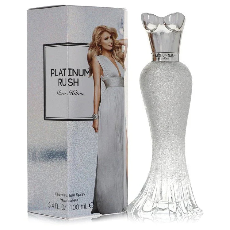 Platinum Rush perfume bottle and packaging with a woman on a white background