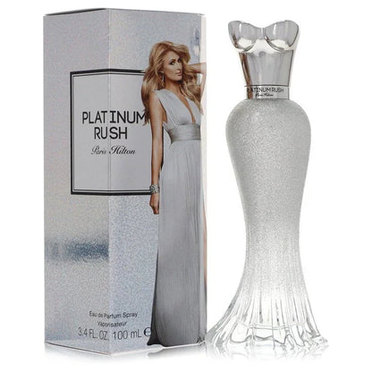 Platinum Rush perfume bottle and packaging with a woman on a white background