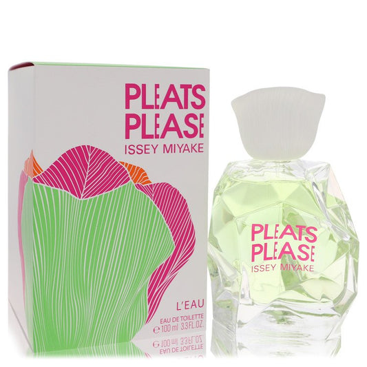 Issey Miyake Pleats Please L'Eau perfume bottle and packaging on a white background