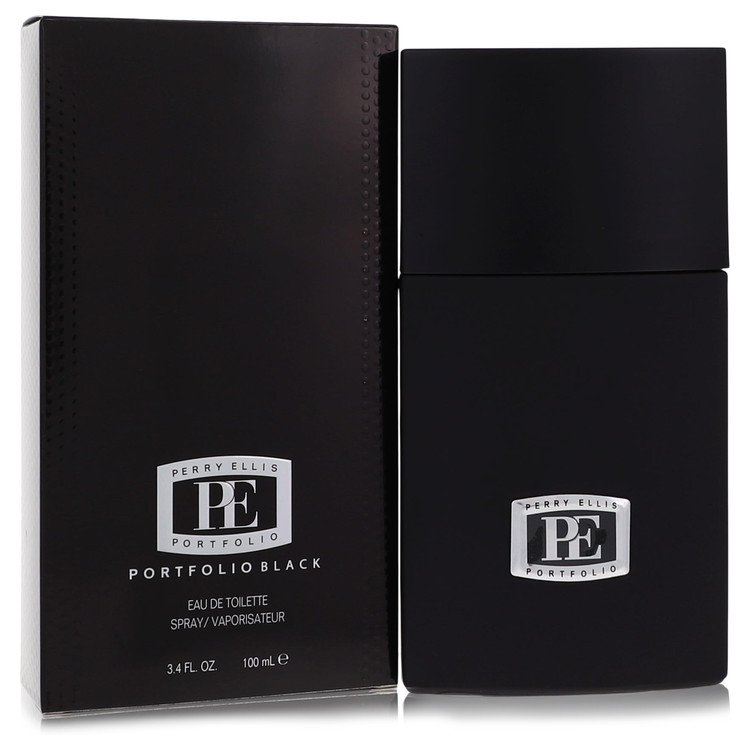 Perry Ellis Portfolio Black Eau de Toilette bottle - Men's woody aromatic oriental fragrance with bergamot, lemon, cardamom, geranium, cinnamon, jasmine, sandalwood, musk, amber, and cedar