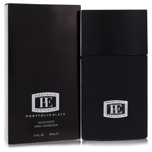 Perry Ellis Portfolio Black Eau de Toilette bottle - Men's woody aromatic oriental fragrance with bergamot, lemon, cardamom, geranium, cinnamon, jasmine, sandalwood, musk, amber, and cedar